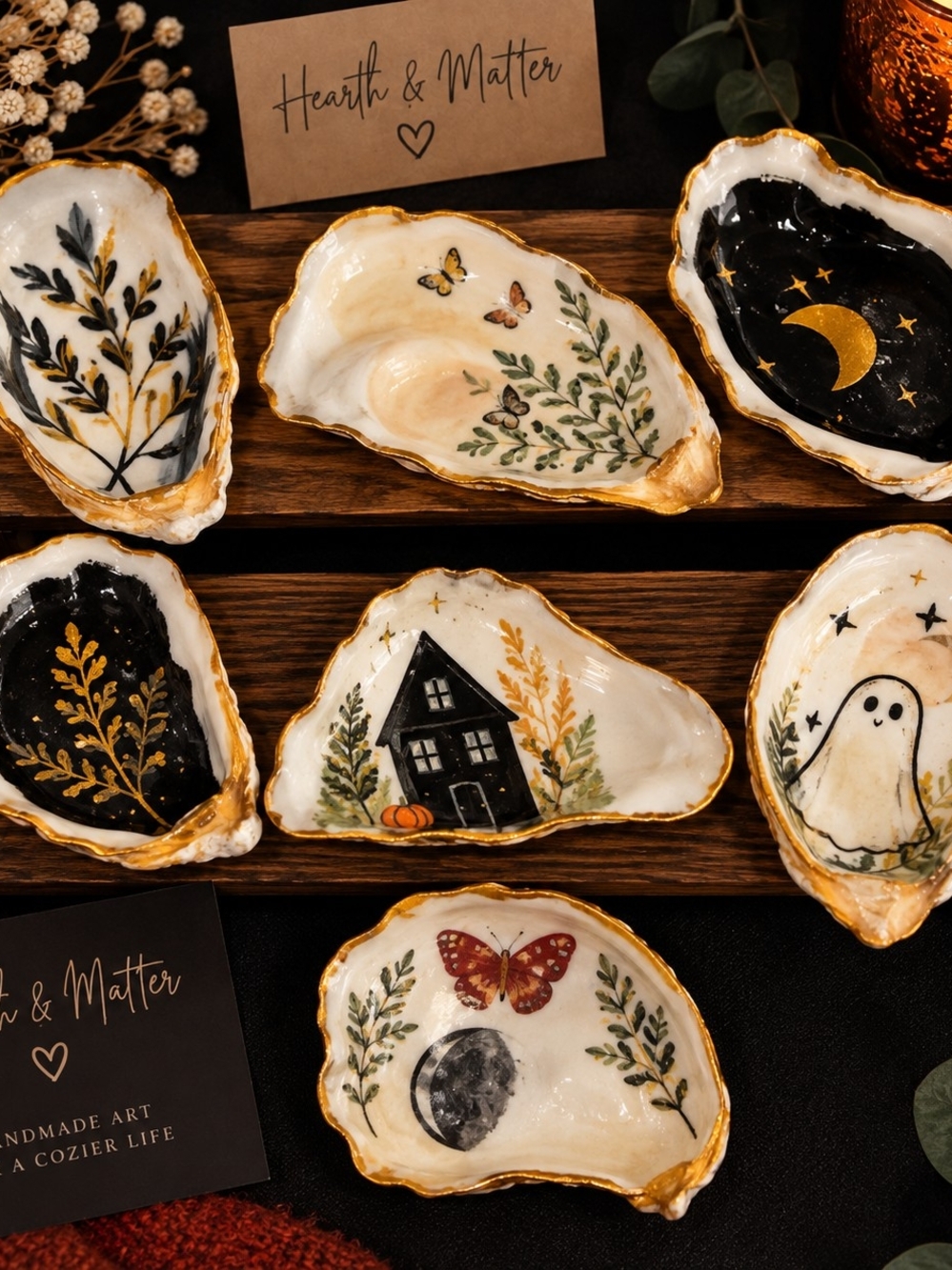 Hand-Painted Decorative Oyster Shell Trinket Dish - White, Gold, Black